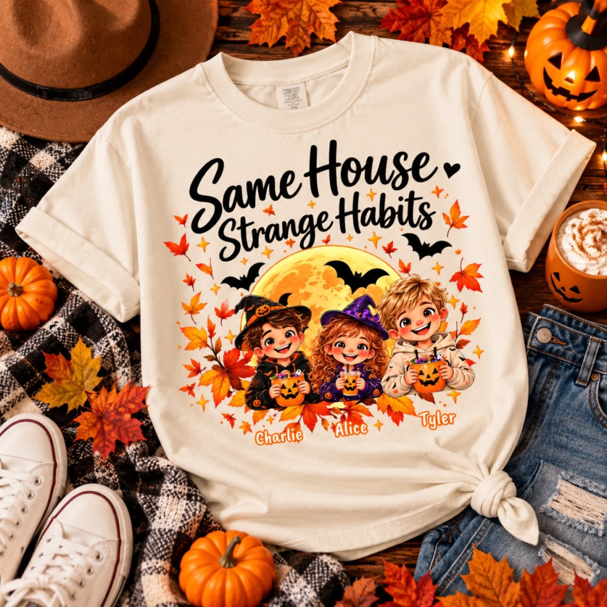 Cozy Halloween Family T-Shirt Flat Lay