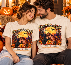 Matching Halloween Couple T-Shirts on Autumn Porch