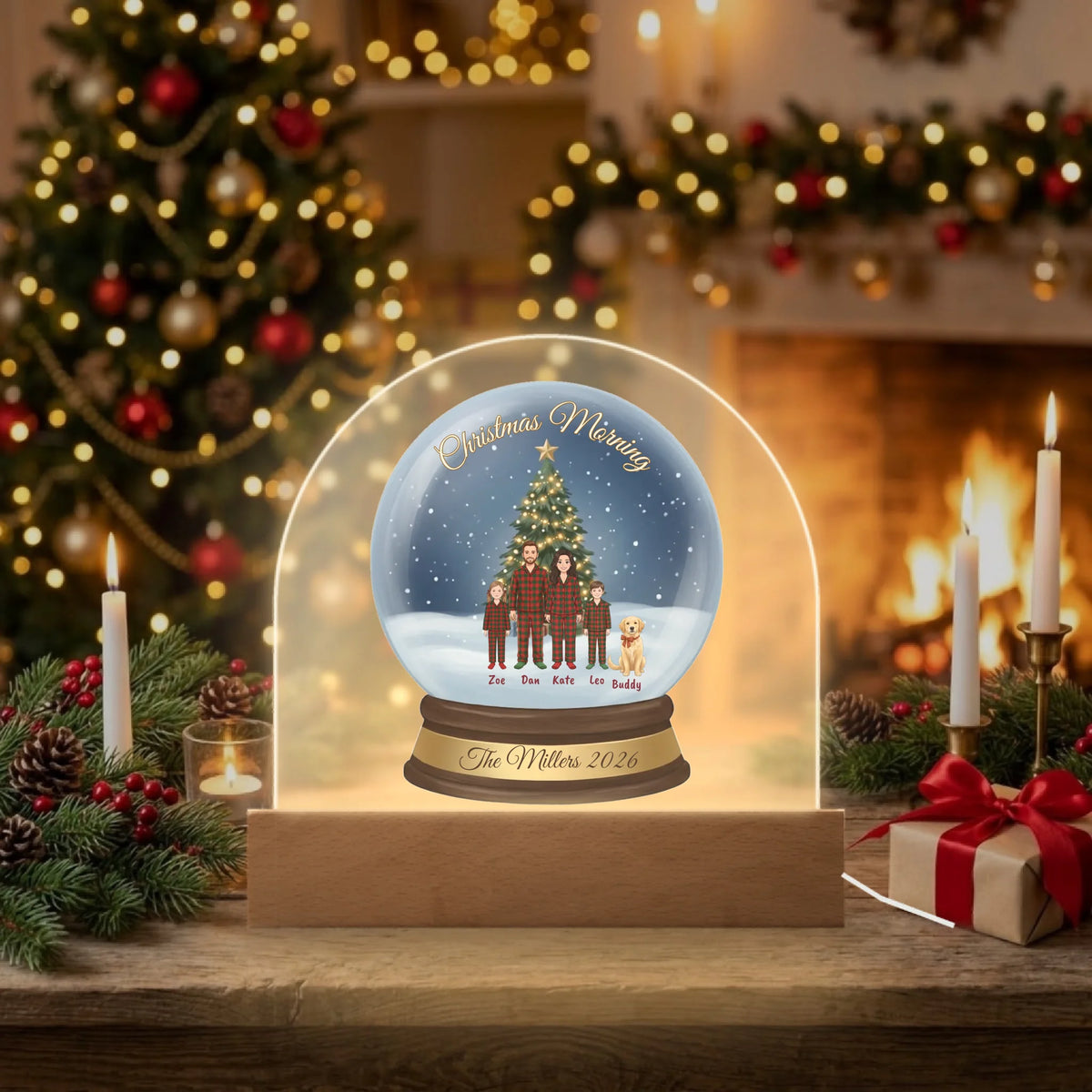 Personalized Christmas Morning snow globe dome plaque glowing with LED light on a cozy fireplace mantel