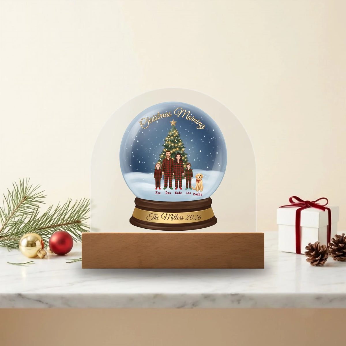 Personalized family snow globe acrylic dome plaque on a wooden base, clean studio product shot