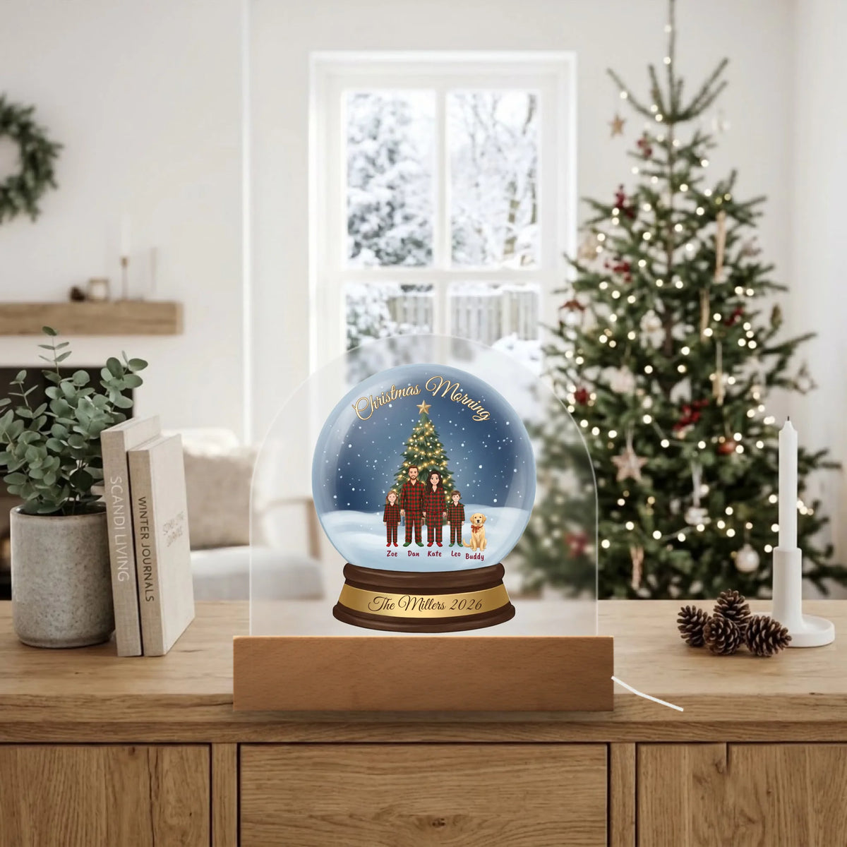 Custom Christmas dome plaque displayed on a sideboard in a bright winter living room