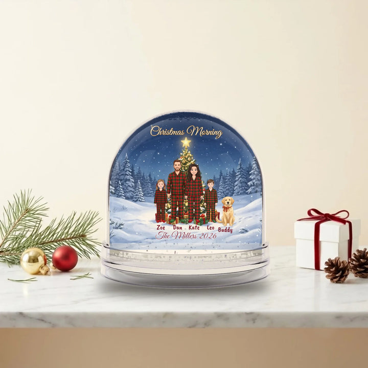 Custom family snow globe with names, clean studio product shot
