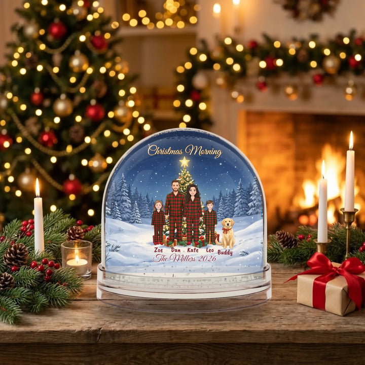 Personalized Christmas Morning family snow globe on a cozy fireplace mantel