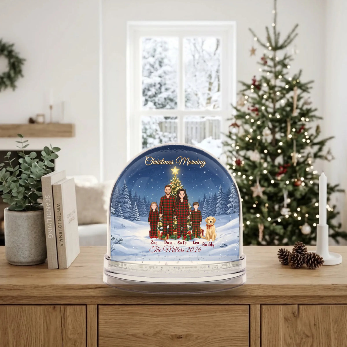Christmas family snow globe on a sideboard in a bright winter living room