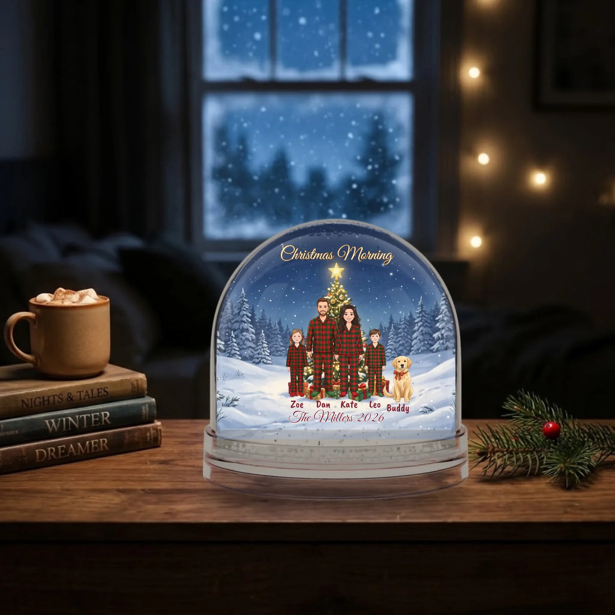Personalized family snow globe keepsake on a bedroom nightstand at night