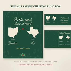 Miles Apart Christmas Hug Box personalized gift set: sherpa blanket, mug and card