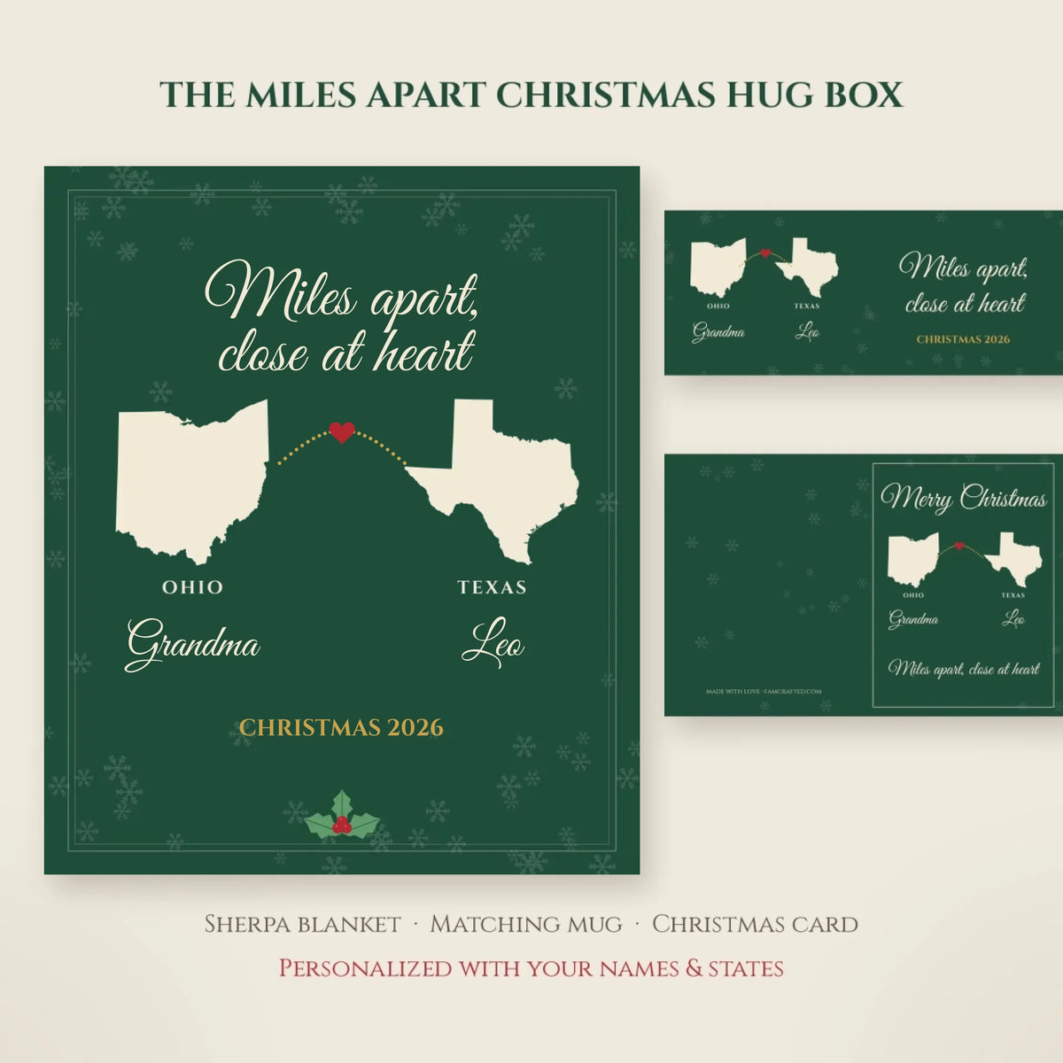 Miles Apart Christmas Hug Box personalized gift set: sherpa blanket, mug and card