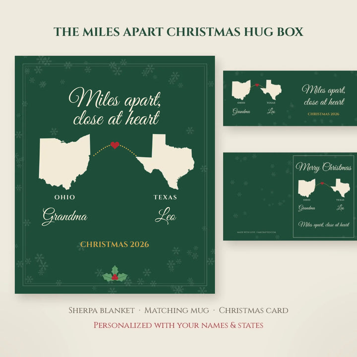 Miles Apart Christmas Hug Box personalized gift set: sherpa blanket, mug and card